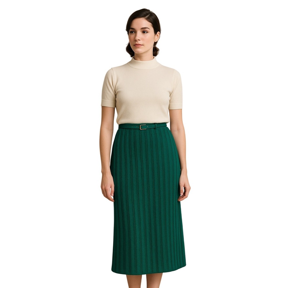 VINTAGE 1960s Green Ribbed Knit Skirt Belted High Waist 100% Dupont‎ Nylon